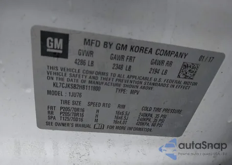 2017 Chevrolet Trax Ls from USA, damaged, VIN KL7CJKSB2HB111800